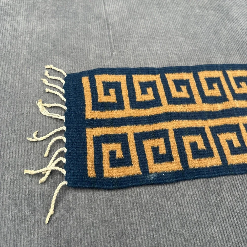 Handwoven Wool Greek Key Runner Navy Blue Mustard‎ Yellow Geometric Textile 26x8